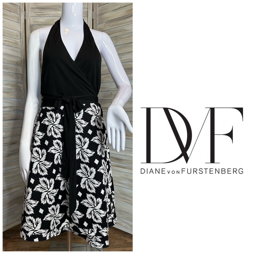 Diane von Furstenberg Amelia black and white floral leaf wrap halter dress sz 12